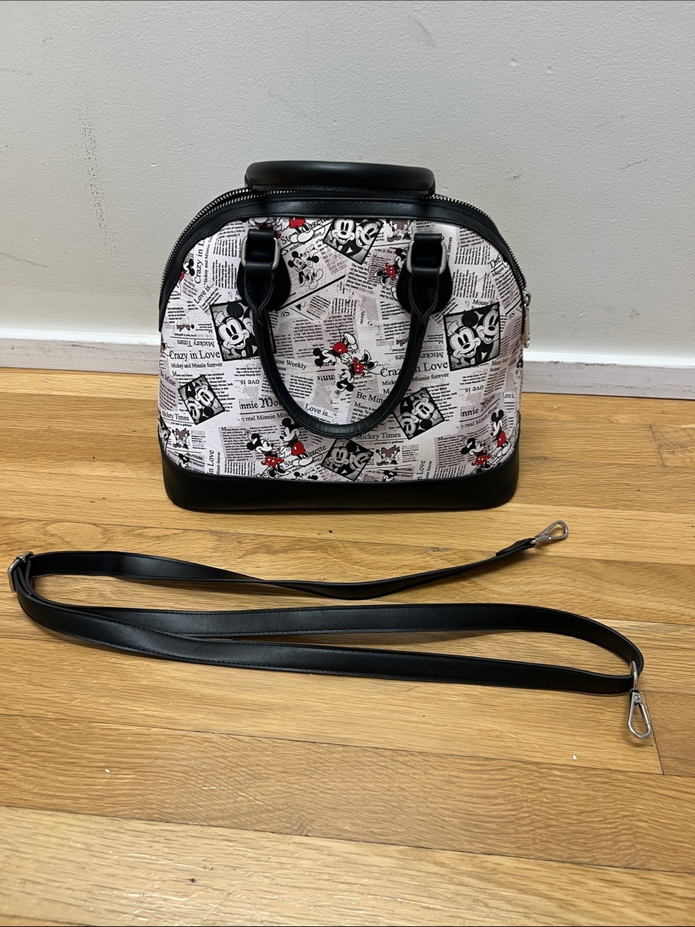 Disney Black, White & Red Mickey Newspaper Print Crossbody Bag